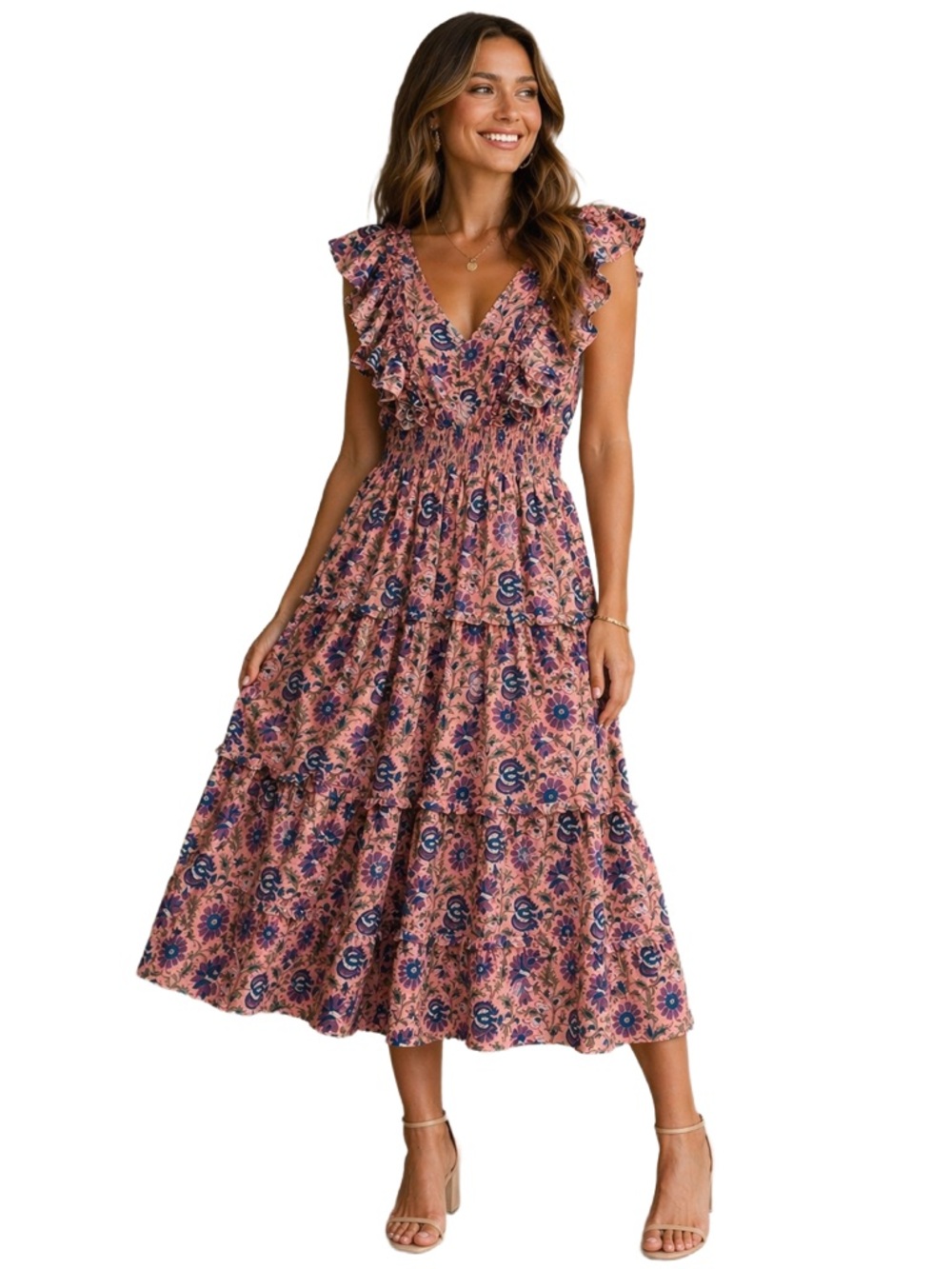 ALLISON New York Pink Floral Boho Ruffle Midi/ Maxi Flowy Dress Tassel Tie, L